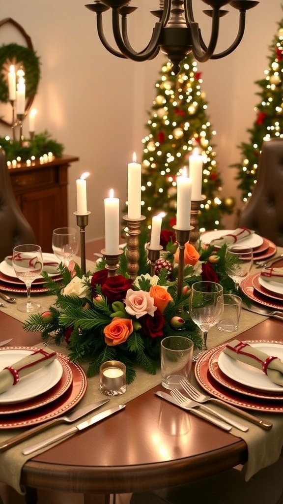 Elegant Christmas table setting with Pottery Barn decorations, featuring a festive table runner, dinnerware, and candlelight.